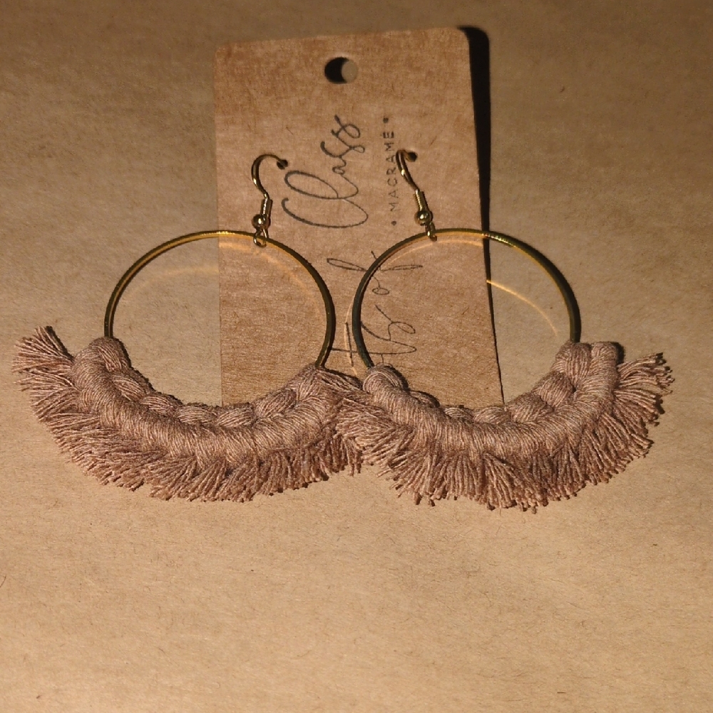 Tan Fringe Gold Hoop Earrings